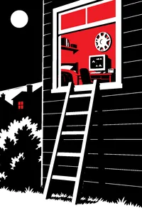 A wooden ladder propped against a teenager's bedroom window, a hubcap and a computer with a homemade video game glowing inside.
