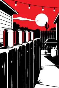 Four cans of beer on the edge of a wooden backyard fence in an alley, a propane tank and grill in the background under a Texas sky.