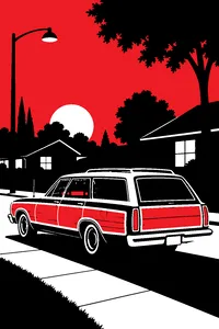 A wood-paneled station wagon parked on a suburban street at dusk, its radio dial glowing orange through the windshield.