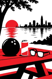 A bowling ball, a beer can and thick black-framed glasses on a picnic table overlooking Lake Erie and a city skyline.