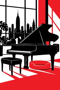 A grand piano in a Manhattan loft with a dog bed under it and two coffee cups on the lid.