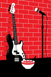 A slap bass guitar leaning against a brick wall next to a bowl of cereal and a microphone stand.