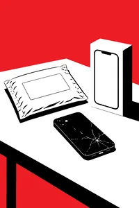 A sealed padded mailer on a table next to a cracked phone face down and a brand-new phone box.