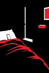 A dark bedroom lit by a phone screen glow on the pillow, a small sealed package on the dresser across the room.