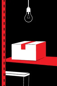 A sealed box on a basement shelf under a single bare bulb that has burned out.