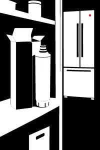 A cylindrical fridge water filter half out of its box in a pantry, a small red indicator light glowing on the fridge beyond.