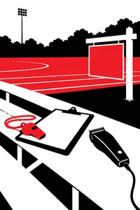 A gym coach's whistle and clipboard on a bleacher next to a pair of hair clippers and a blank real estate yard sign.