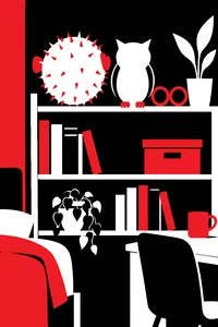 A puffed-up blowfish and a small owl wearing huge round glasses perched together on a dorm room bookshelf.