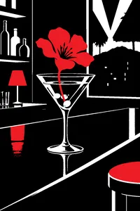 A martini glass of gin with a red flower blooming out of it on a dim Hollywood bar counter.