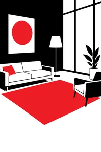 An empty furniture showroom with a sofa, lamp and armchair all arranged around a conspicuously empty spot.