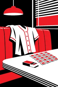 A softball jersey hanging over a diner booth, a matchbox and a stack of twenty sugar packets on the table.