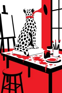 A spotted leopard sculpture wearing an old-fashioned ear trumpet, sitting on a school art table covered in poster paint.