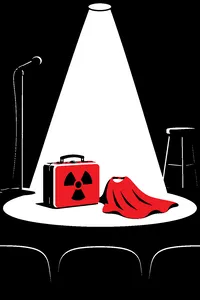 A yellow radioactive-symbol lunchbox and a small kid's superhero cape on a club stage under a single spotlight.
