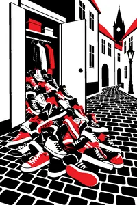 A pile of dozens of sneakers spilling out of a closet onto a cobblestone German street.