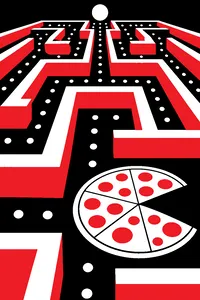 A dark maze of glowing blue walls lined with white dots, a pizza with one slice missing on the side.