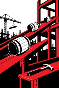 Red steel girders slanted like ramps up a construction site, wooden barrels rolling down them and a hammer on a beam.