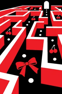 A red bow lying on a pink-walled maze dotted with cherries and pellets.