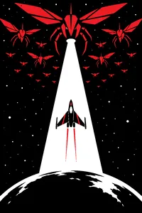 A beam of light pulling a small fighter ship upward toward a swarm of insect-shaped alien craft in a starfield.