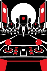 Two arcade joysticks on a control panel facing a swarm of boxy robots across a black floor.