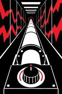 A glowing vector tube receding into darkness, a rotary knob at its near end and jagged shapes crawling up the walls.