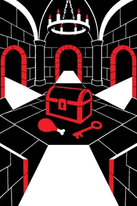 A stone dungeon with a treasure chest, a roasted turkey leg and a key on the floor, four corridors leading away.