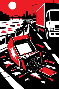 A smashed arcade cabinet lying in a busy street in front of a truck, lily pads and logs on a river behind.