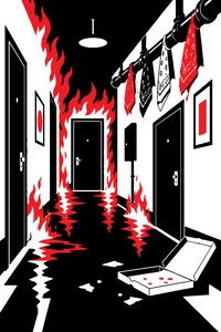 A burning apartment hallway with four colored bandanas hung on a sewer pipe and a pizza box on the floor.