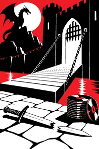 A castle drawbridge over a moat, a broken sword on the stones and a stack of shiny laserdiscs by the gate.