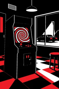 A plain black arcade cabinet alone in a dim room, its screen swirling with hypnotic shapes, a dark sedan outside the window.