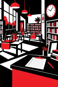 A school library on a Saturday with chairs on tables, a detention sign-in sheet on the front desk and a wall clock.