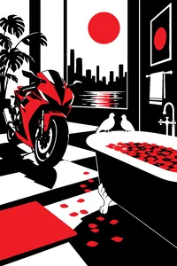 A purple motorcycle parked by a bathtub full of rose petals with two white doves on the rim.
