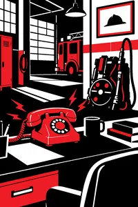A red rotary phone ringing on the desk of an old firehouse, a proton-pack-style backpack leaning on the wall.