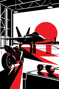 A fighter jet parked in a hangar at sunset, with a motorcycle and a pair of aviator sunglasses on the tarmac.