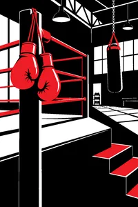 Red boxing gloves hanging from a ringpost in an empty boxing ring, a single heavy bag swinging in the gym behind.