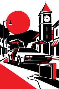 A sports car with gull-wing doors outside a small-town clock tower, a guitar amplifier sitting in the street.