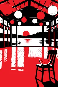 A summer camp ballroom with a lake outside, a dance floor empty under paper lanterns and a watermelon on a chair.