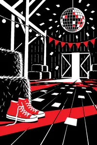 A barn dance floor in a small town with stacked hay bales, a red pair of sneakers and a single mirror ball.