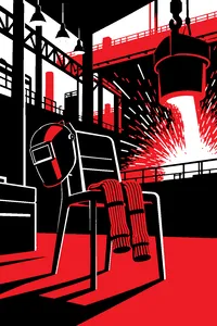 A welding mask and leg warmers hanging on a chair in a steel mill, sparks flying behind.