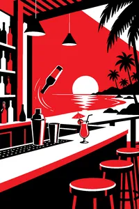 A tropical bar with a bottle-flipping counter, cocktail shakers and a paper umbrella drink overlooking a palm-lined beach.
