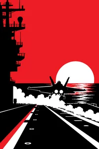 A fighter jet catapulting off an aircraft carrier deck at dusk, steam rising from the deck.