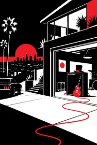A Sunset Strip house at night with an open garage, a top hat on an amplifier and a red guitar cable trailing out.