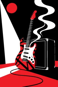 A striped guitar body propped on a Marshall amp with smoke curling off the strings.