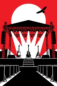 A huge outdoor stage with three electric guitars on stands and a lone bird flying over the lights.