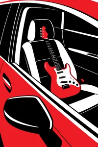 A homemade red guitar made of fireplace wood on a chair inside a car with the windows down.