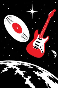 A golden record floating in space beside a guitar, distant stars and a planet below.