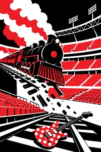 A steam train rushing off the rails into a stadium full of empty seats with a polka-dot guitar on the tracks.