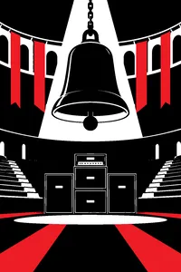 A black funeral bell hanging in a dark arena with an amplifier stack below it.