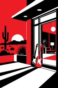 A desert hotel at dusk with two electric guitars leaning against the lobby door.