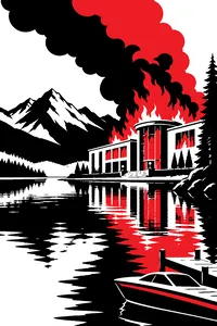 A lakeside casino building on fire with smoke drifting over calm water and mountains.
