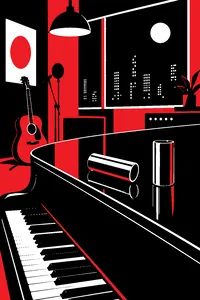 An acoustic slide and a bottleneck on a piano lid in a recording studio at night.